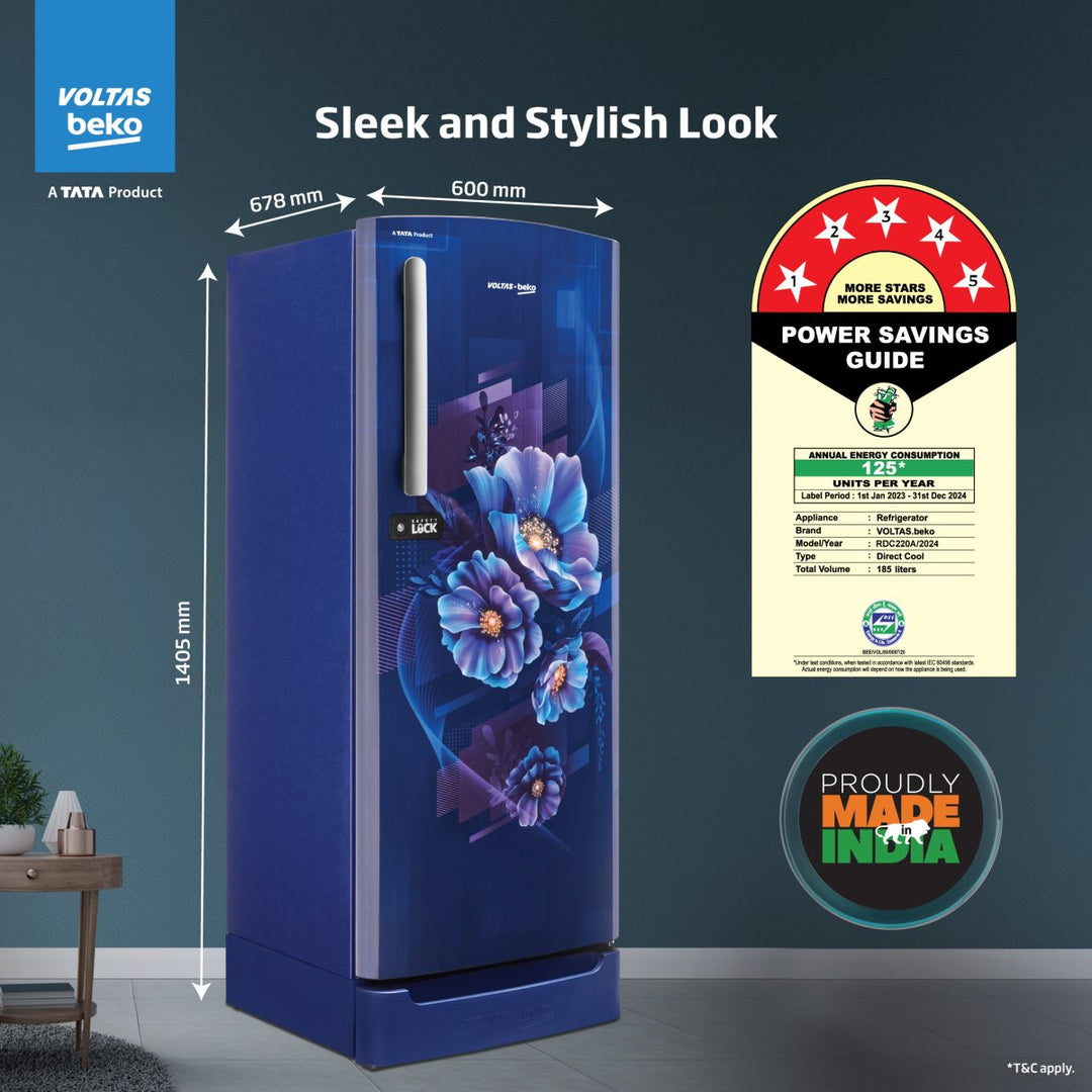 Voltas Beko 185 L, 5 Star, Direct Cool Single Door Refrigerator (Bonita Blue)