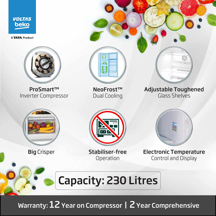 Voltas Beko 230 L, 3 Star, Double Door Frost Free Refrigerator (Wooden Black)