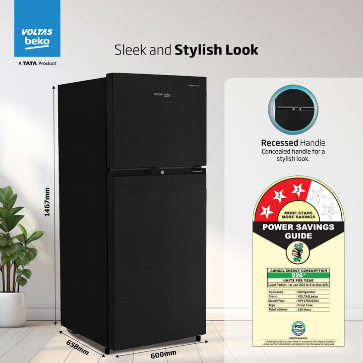 Voltas Beko 230 L, 3 Star, Double Door Frost Free Refrigerator (Wooden Black)