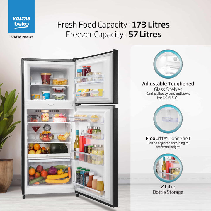 Voltas Beko 230 L, 3 Star, Double Door Frost Free Refrigerator (Wooden Black)