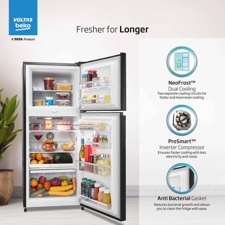 Voltas Beko 230 L, 3 Star, Double Door Frost Free Refrigerator (Wooden Black)