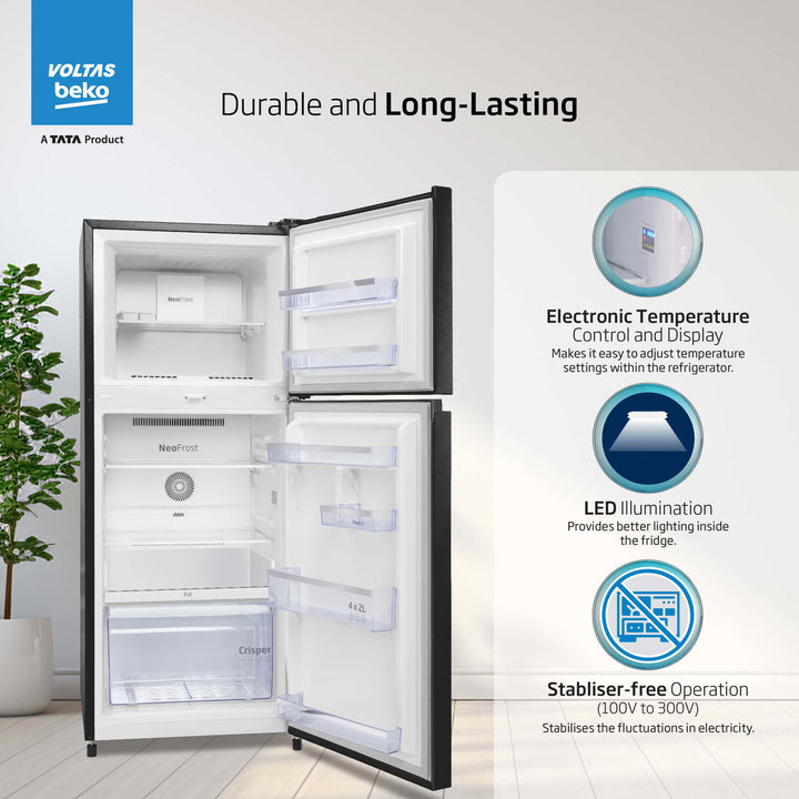 Voltas Beko 230 L, 3 Star, Double Door Frost Free Refrigerator (Wooden Black)