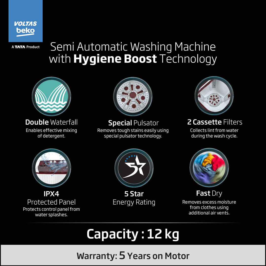 12KG, Transparent Lids, BEE 5 Star, Semi-Automatic Washing Machine
