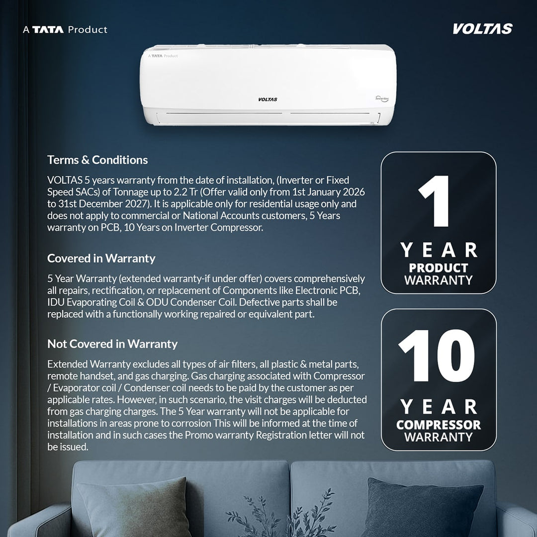 Voltas Split Air Conditioner, 1 Ton, 3 Star - 123INV Vectra Elegant