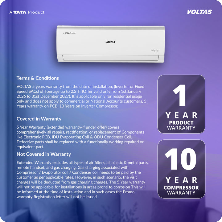 Voltas Split Air Conditioner, 1.5 Ton, 3 Star - 183INV Vertis Plush