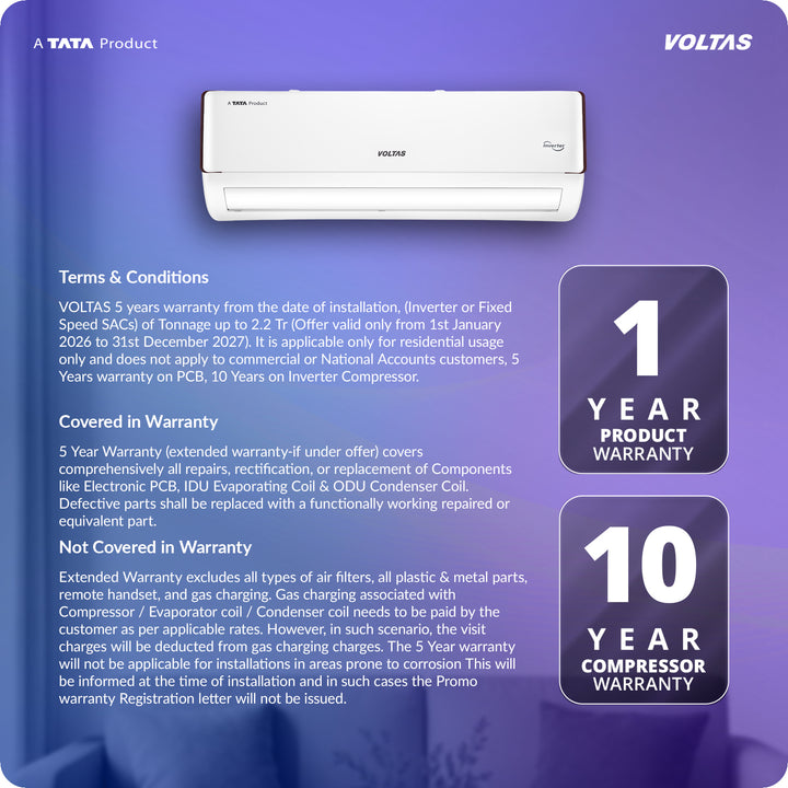 Voltas Split Air Conditioner, 1.5 Ton, 5 Star - 185INV Vertis Eden