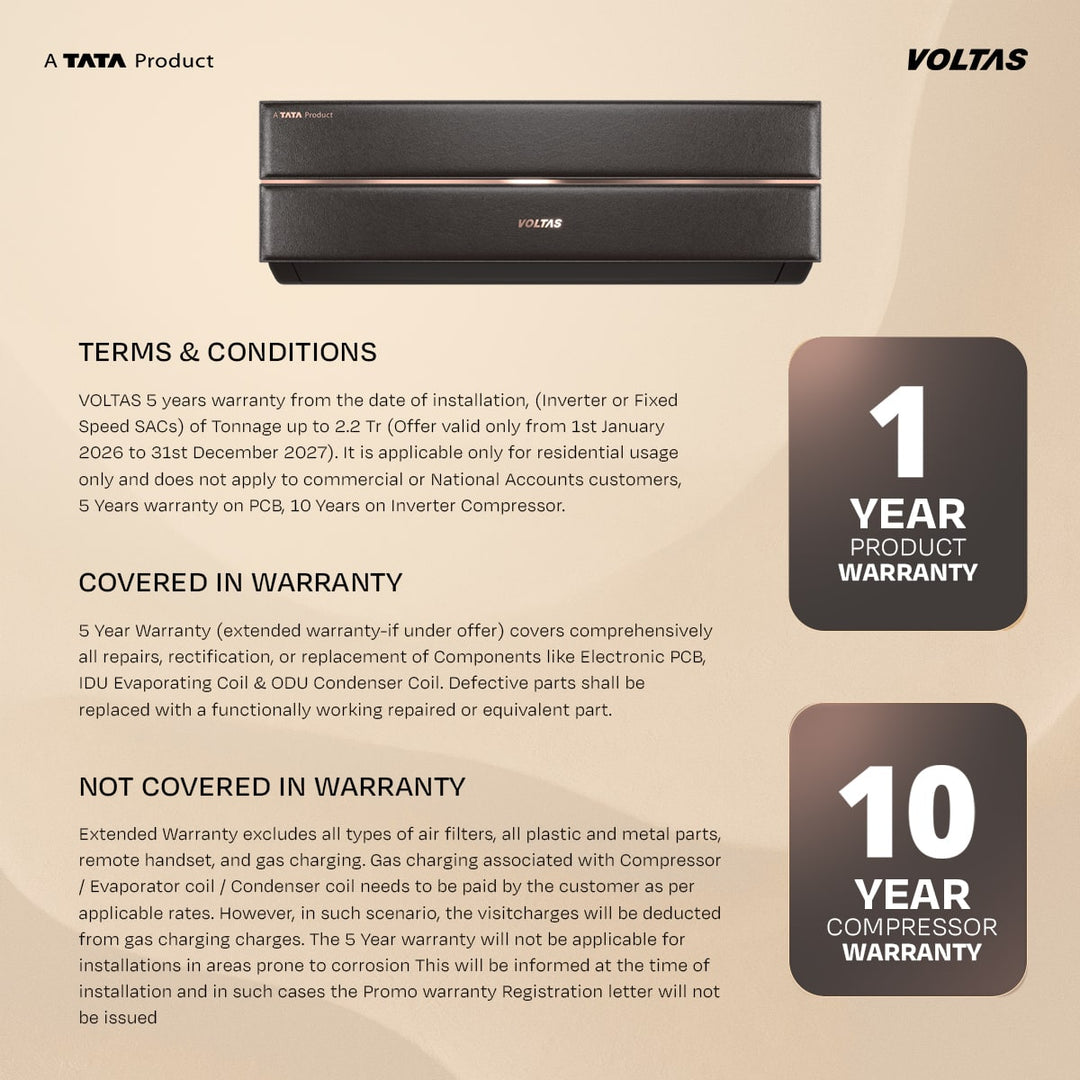 Voltas Split Air Conditioner, 1.5 Ton 3 Star - 183INV Vertis Leatherette AI Tan