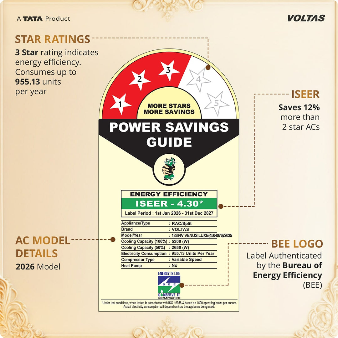 Voltas Split Air Conditioner, 1.5 Ton, 3 Star - 183INV Venus Luxe