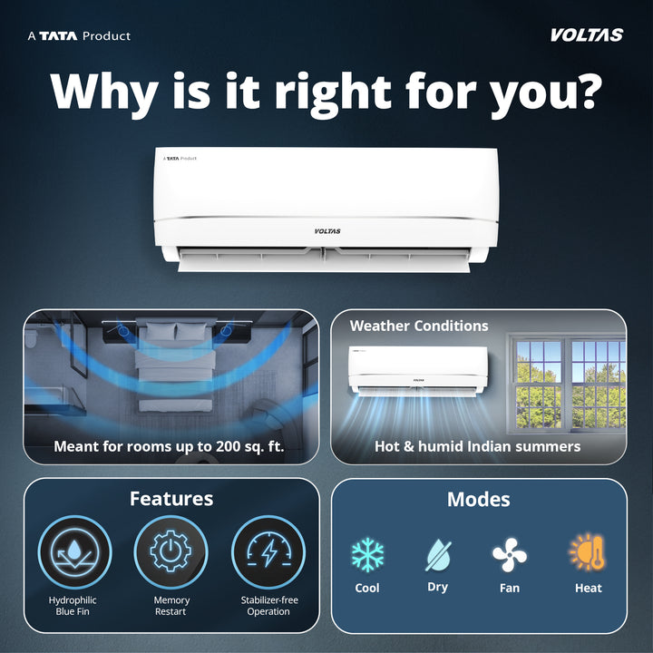 Voltas Split Air Conditioner, 2 Ton 3 Star -  243INVHC Vectra Zenith