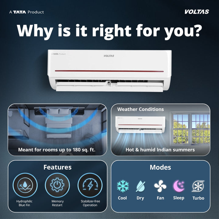 Voltas Split Air Conditioner, 1.5 Ton, 2 Star - 182FS Prism