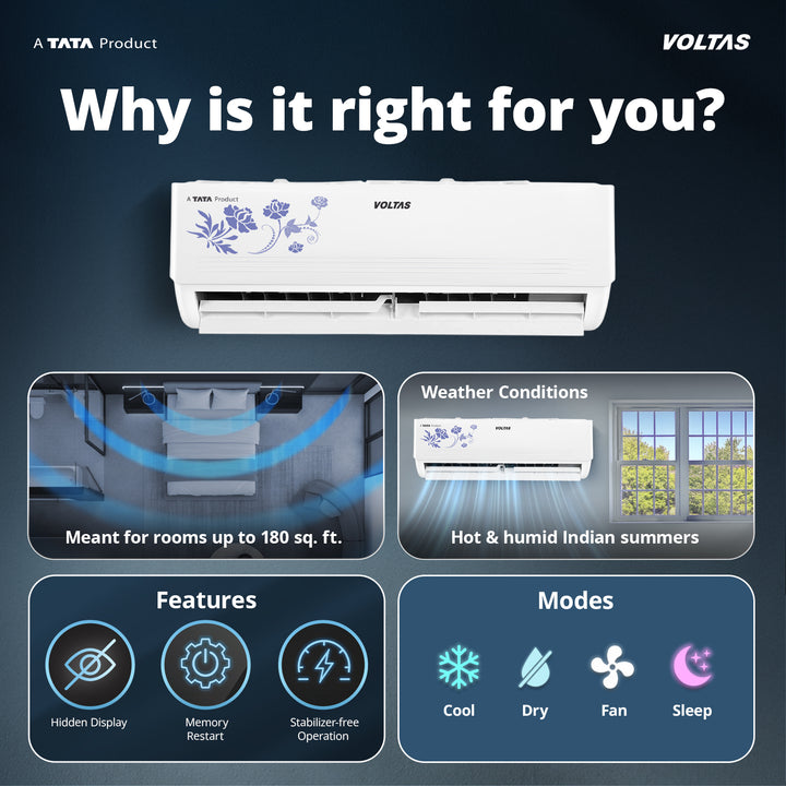 Voltas Split Air Conditioner, 1.5 Ton, 2 Star - 182FS Prism Floral