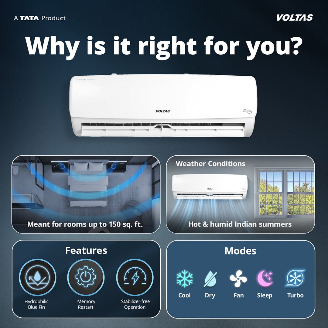 Voltas Split Air Conditioner, 1 Ton, 3 Star - 123INV Vectra Elegant