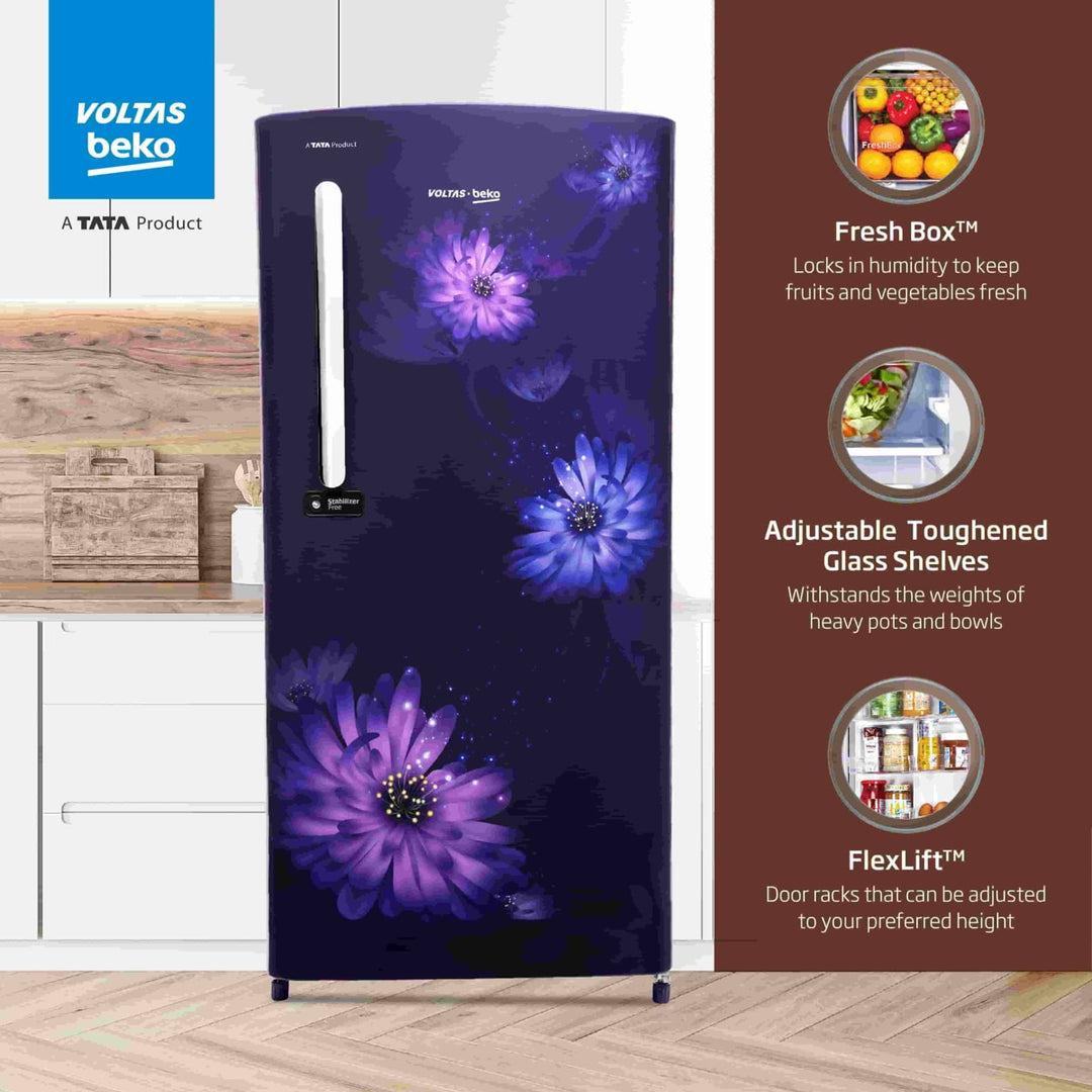 Voltas Beko 185 L, 3 Star, Single Door DC Refrigerator (Dahlia Blue)