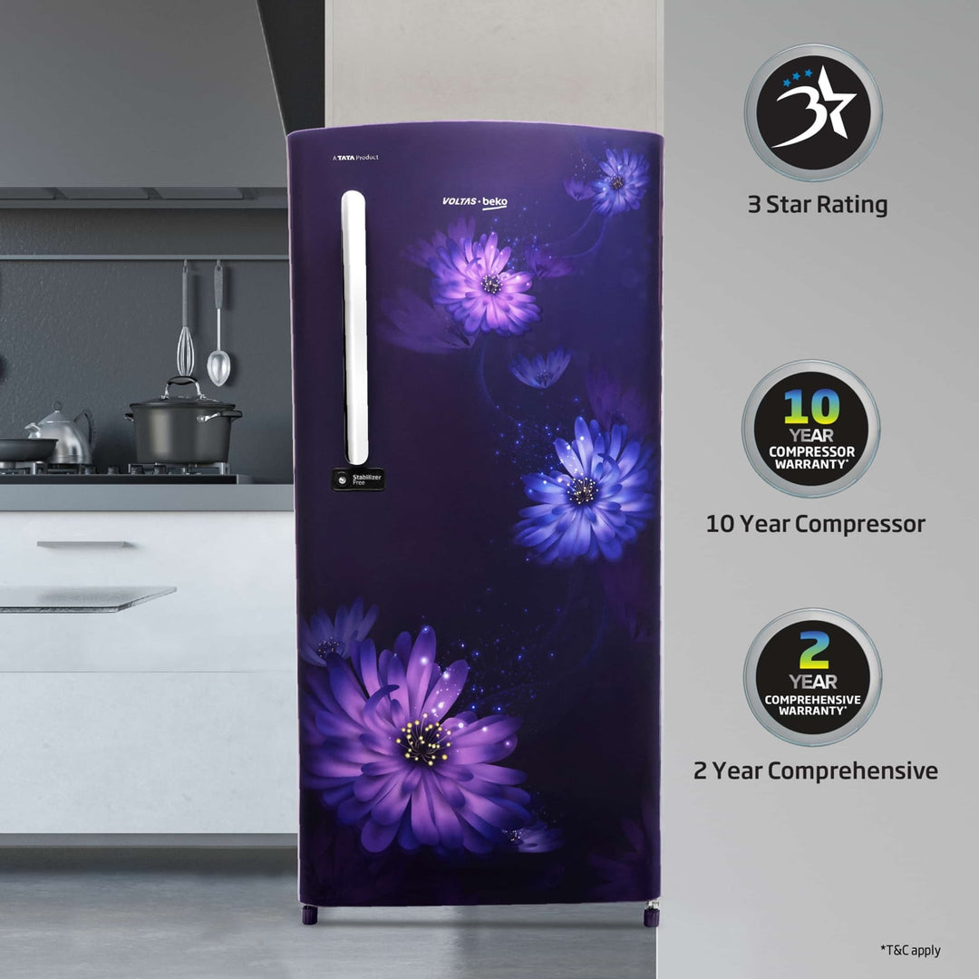 Voltas Beko 185 L, 3 Star, Single Door DC Refrigerator (Dahlia Blue)