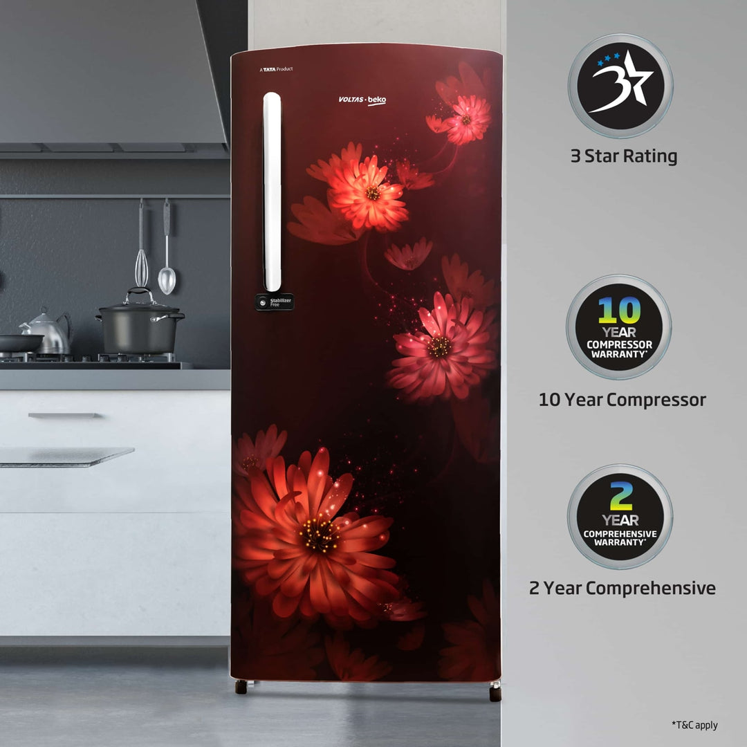 Voltas Beko 185 L, 3 Star, Single Door DC Refrigerator (Dahlia Wine)