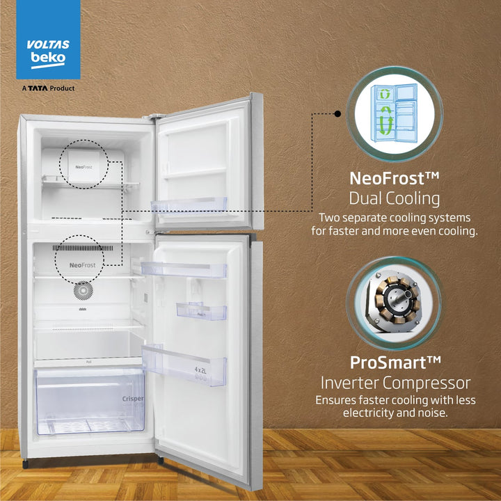 248 L 3 Star Frost Free Double Door Refrigerator (RFF285C / WPXIR0I0, Brushed Silver, with Neo Frost Dual Cooling) , Voltas Beko, A Tata Product
