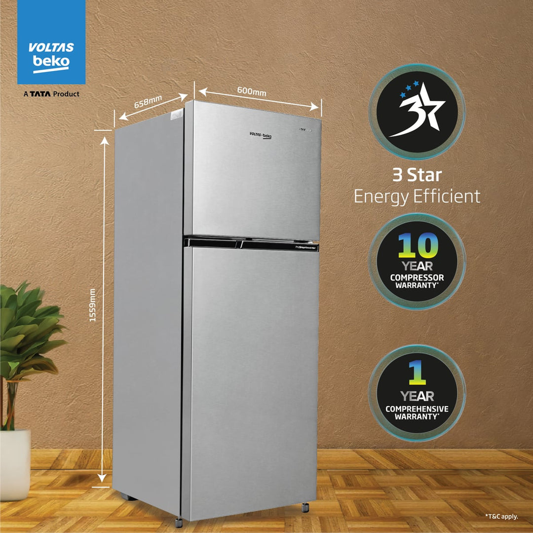 248 L 3 Star Frost Free Double Door Refrigerator (RFF285C / WPXIR0I0, Brushed Silver, with Neo Frost Dual Cooling) , Voltas Beko, A Tata Product